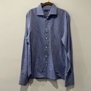 John Varvatos Button Up Shirt Men’s 16‎ 34/35 Slim Blue Linen Cotton French Cuff
